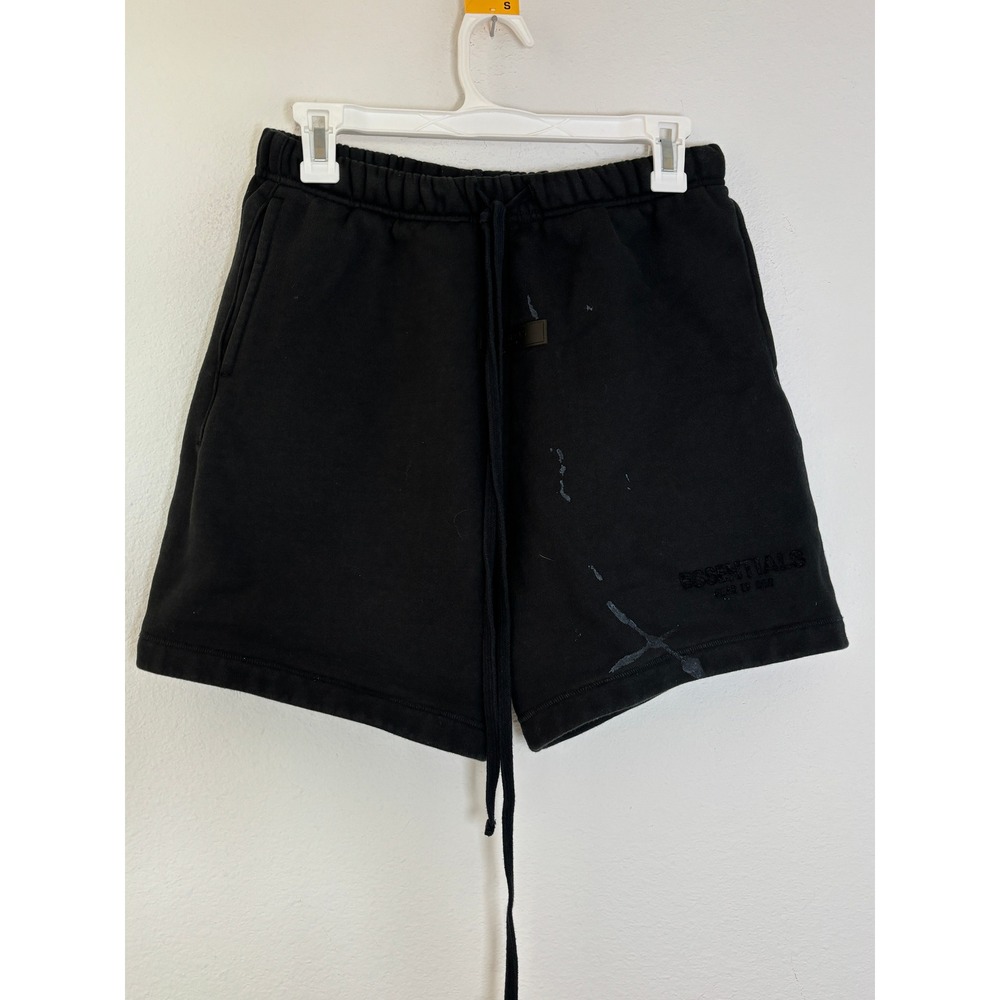 Fear of God Essentials Sweat Shorts Black Fleece Distressed Splatter Mens Small